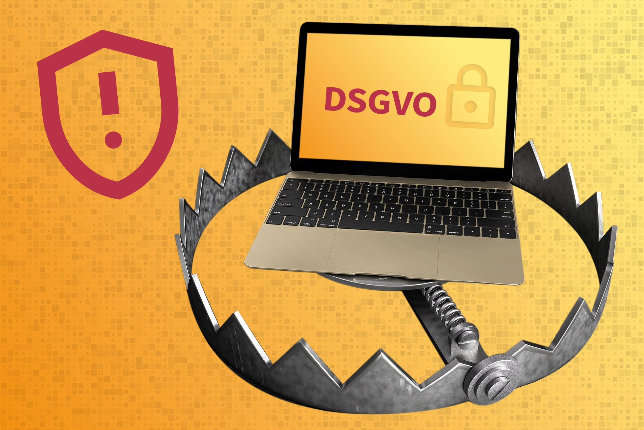 „Ein Laptop, auf dessen Bildschirm das Wort 'DSGVO' steht, liegt in einer metallischen Falle. Daneben befindet sich ein Warnsymbol mit Ausrufezeichen.