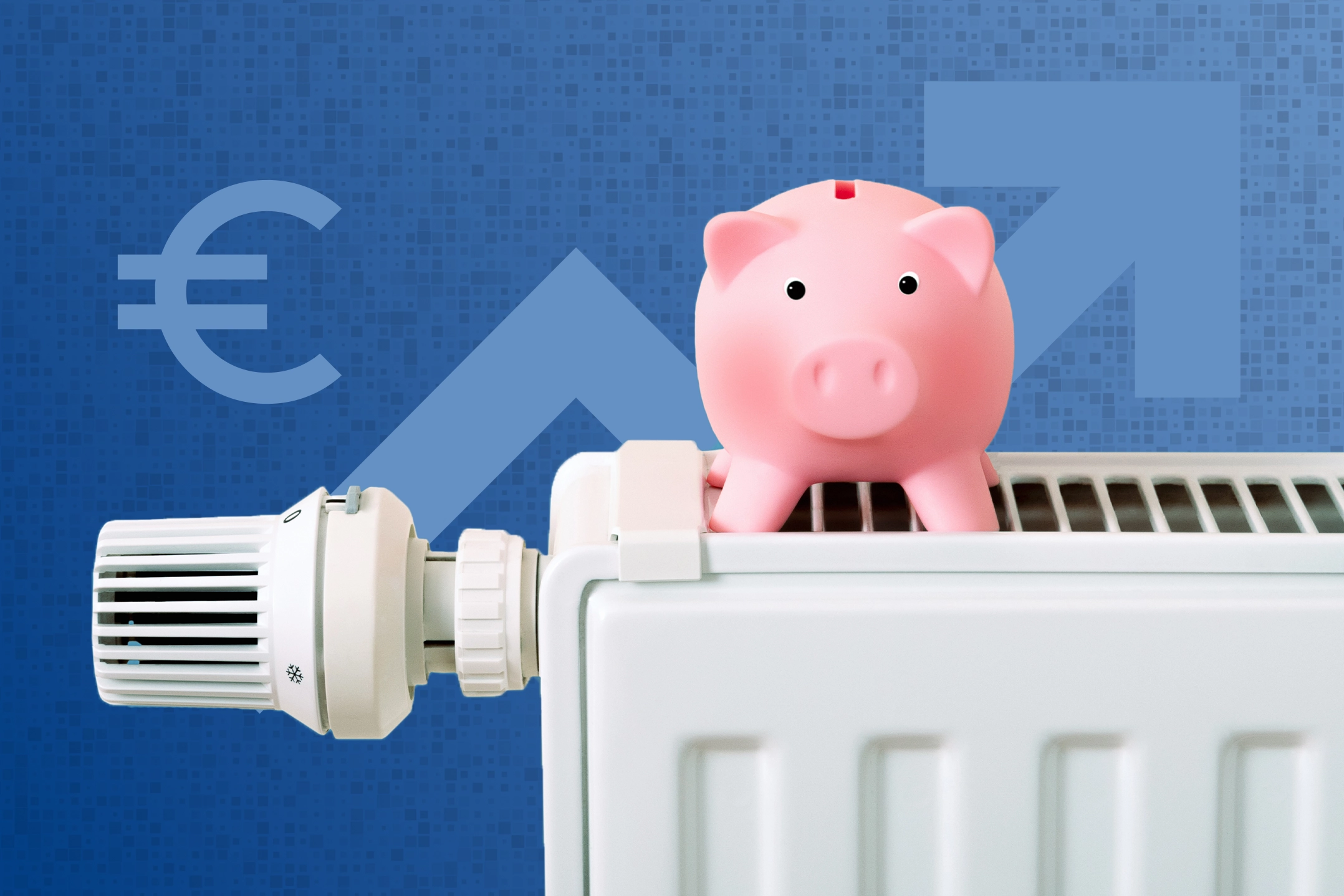 Das Bild zeigt ein Sparschwein auf einer Heizung, mit einem Euro-Symbol und einem aufsteigenden Pfeil im Hintergrund. Dies symbolisiert steigende Heizkosten und mögliche Einsparmöglichkeiten beim Energieverbrauch.