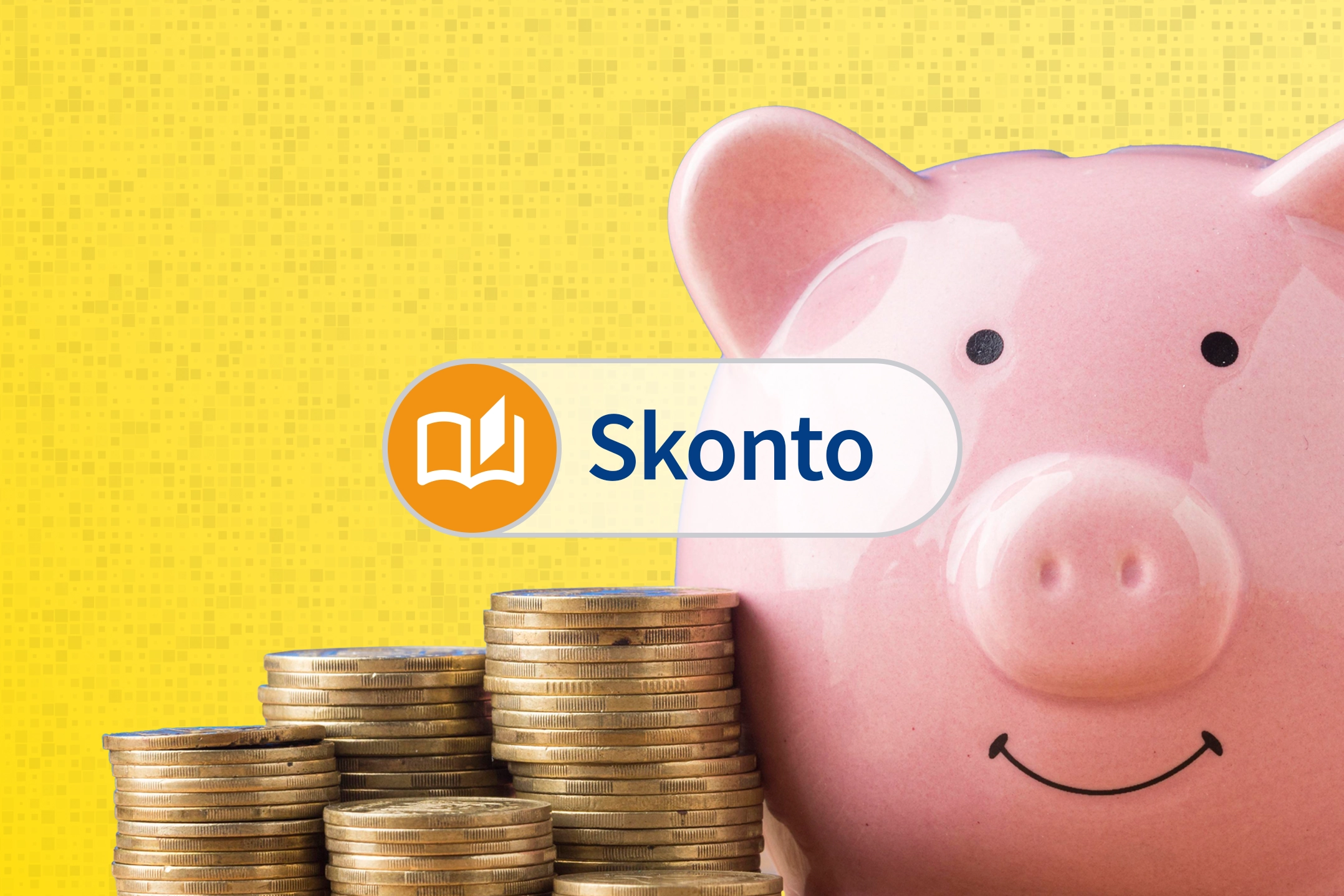 Ein pinkes Sparschwein aus Porzellan und ein Stapel Geldmünzen vor gelbem Hintergrund. Dazu der Schriftzug "Skonto".