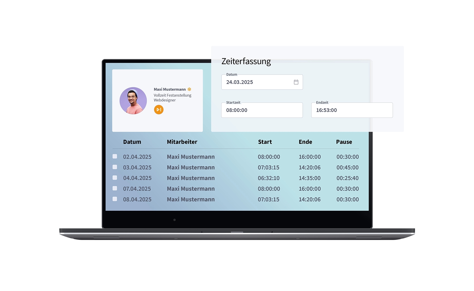 Laptopansicht mit digitaler Zeiterfassung von Mitarbeiterarbeitszeiten in WISO MeinBüro Personal