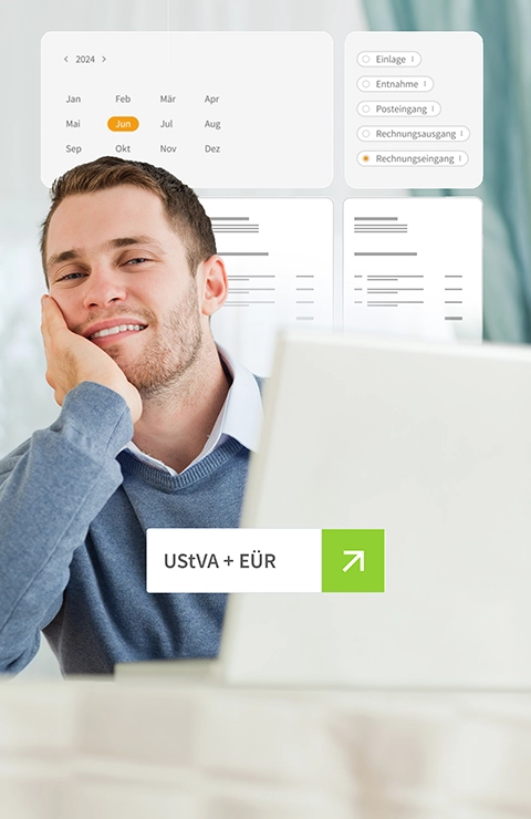 Mann am Laptop mit ruhigem Gesichtsausdruck und Buchhaltungsübersicht – steht für vorbereitende Buchhaltung mit WISO MeinBüro