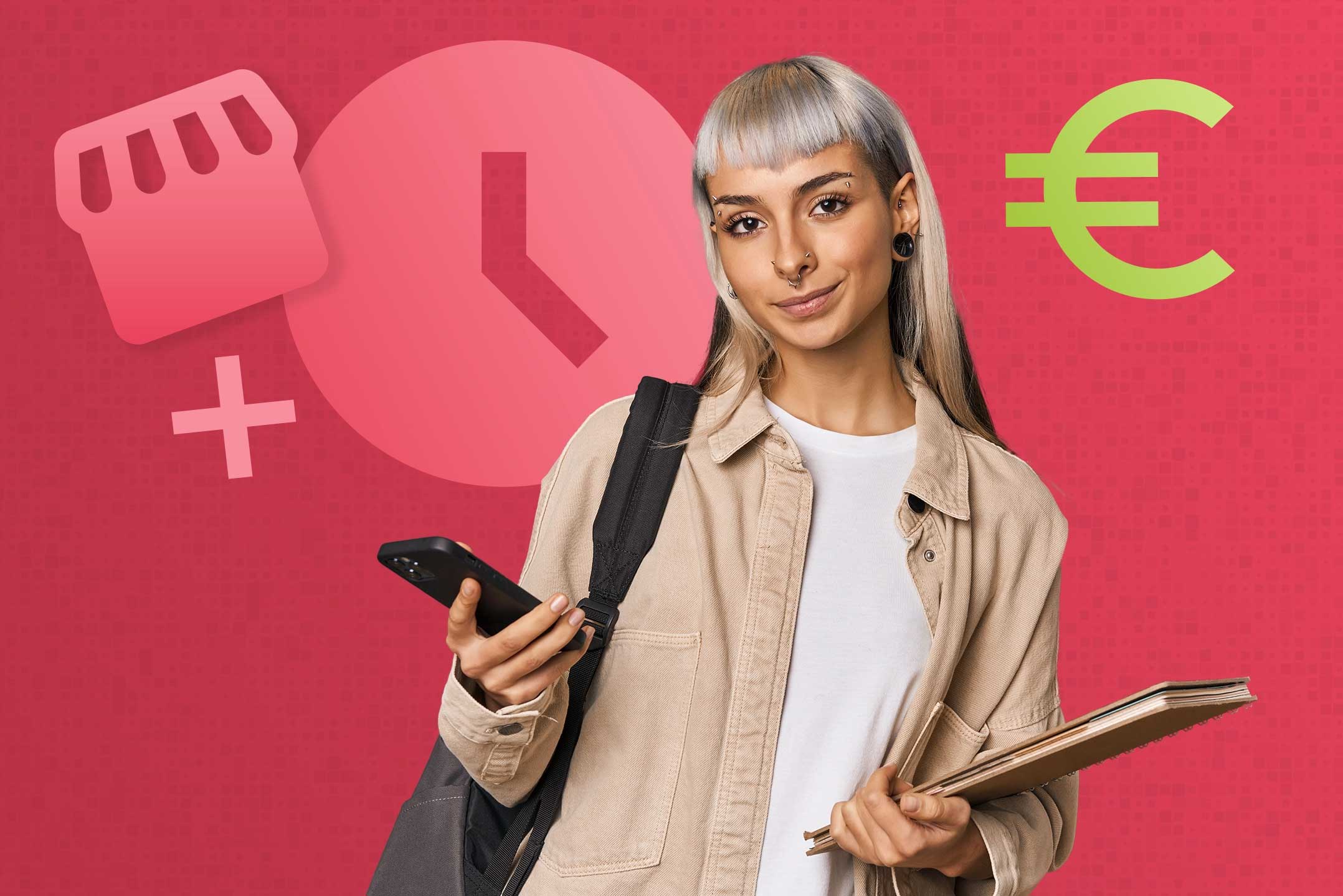 Eine Frau mit langen, platinblonden Haaren, Piercings und beiger Jacke hält ein Smartphone und eine Mappe. Im Hintergrund sind ein Geschäftssymbol, eine Uhr und ein Eurozeichen auf rotem Hintergrund.