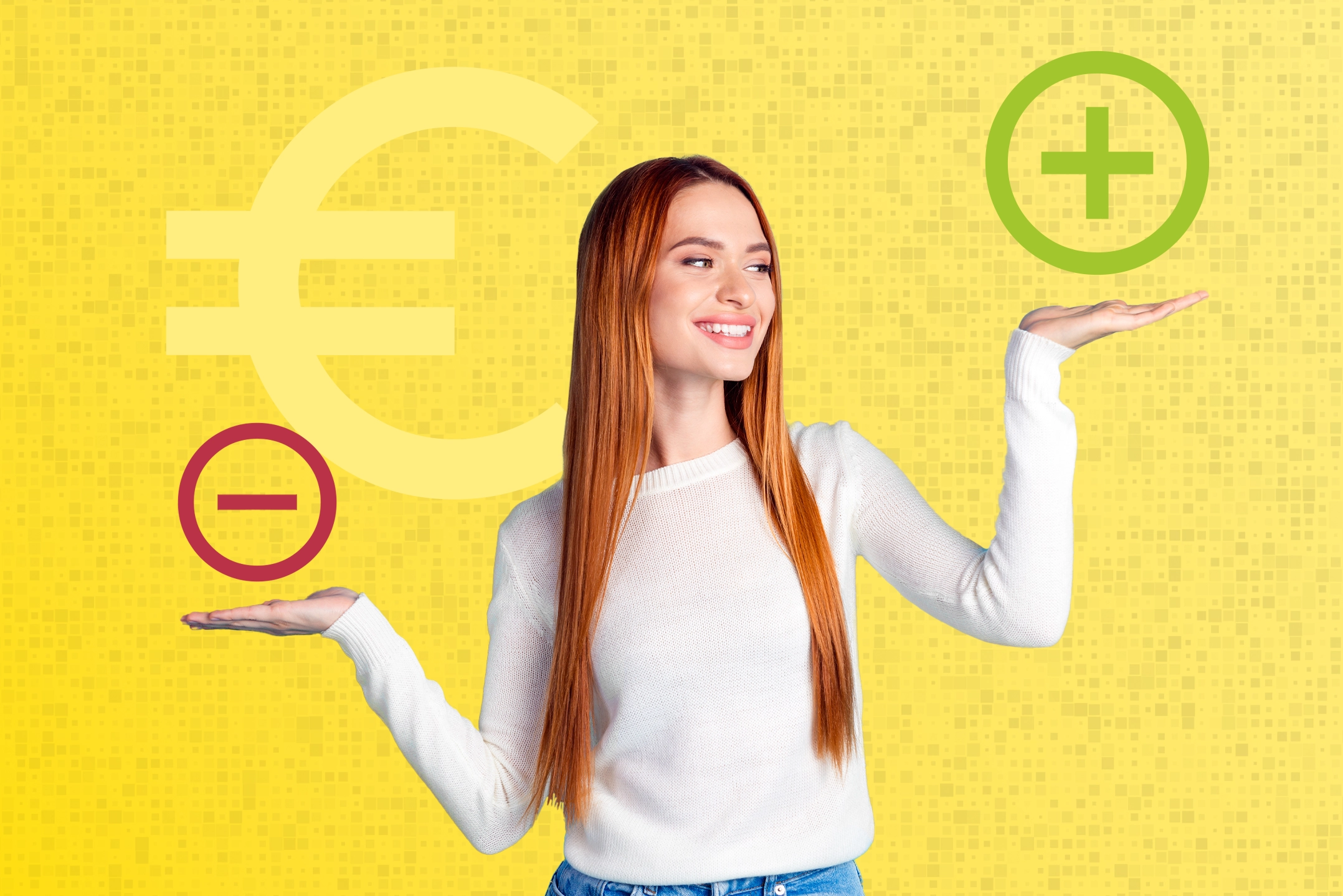 Das Bild stellt eine Gegenüberstellung von Einnahmen und Ausgaben dar. Die Frau hält ein grünes Plus-Symbol in einer Hand und ein rotes Minus-Symbol in der anderen Hand. Im Hintergrund ist ein großes Euro-Zeichen, was auf finanzielle Themen wie Gewinn- und Verlustrechnung, Budgetplanung oder betriebswirtschaftliche Kalkulation hinweist.