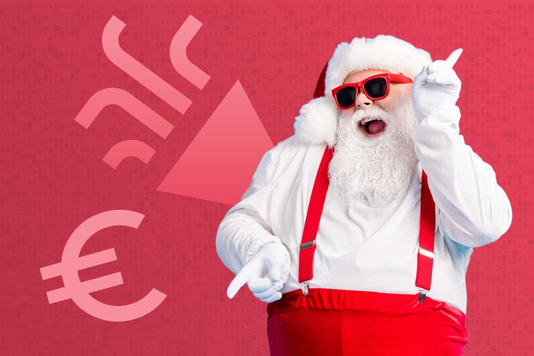 Ein Mann verkleidet als Weihnachtsmann mit rotem Hut, weißem Bart und roter Sonnenbrille tanzt ausgelassen. Der Hintergrund ist rot und zeigt ein Euro-Zeichen sowie ein Symbol für einen finanziellen Abwärtstrend.