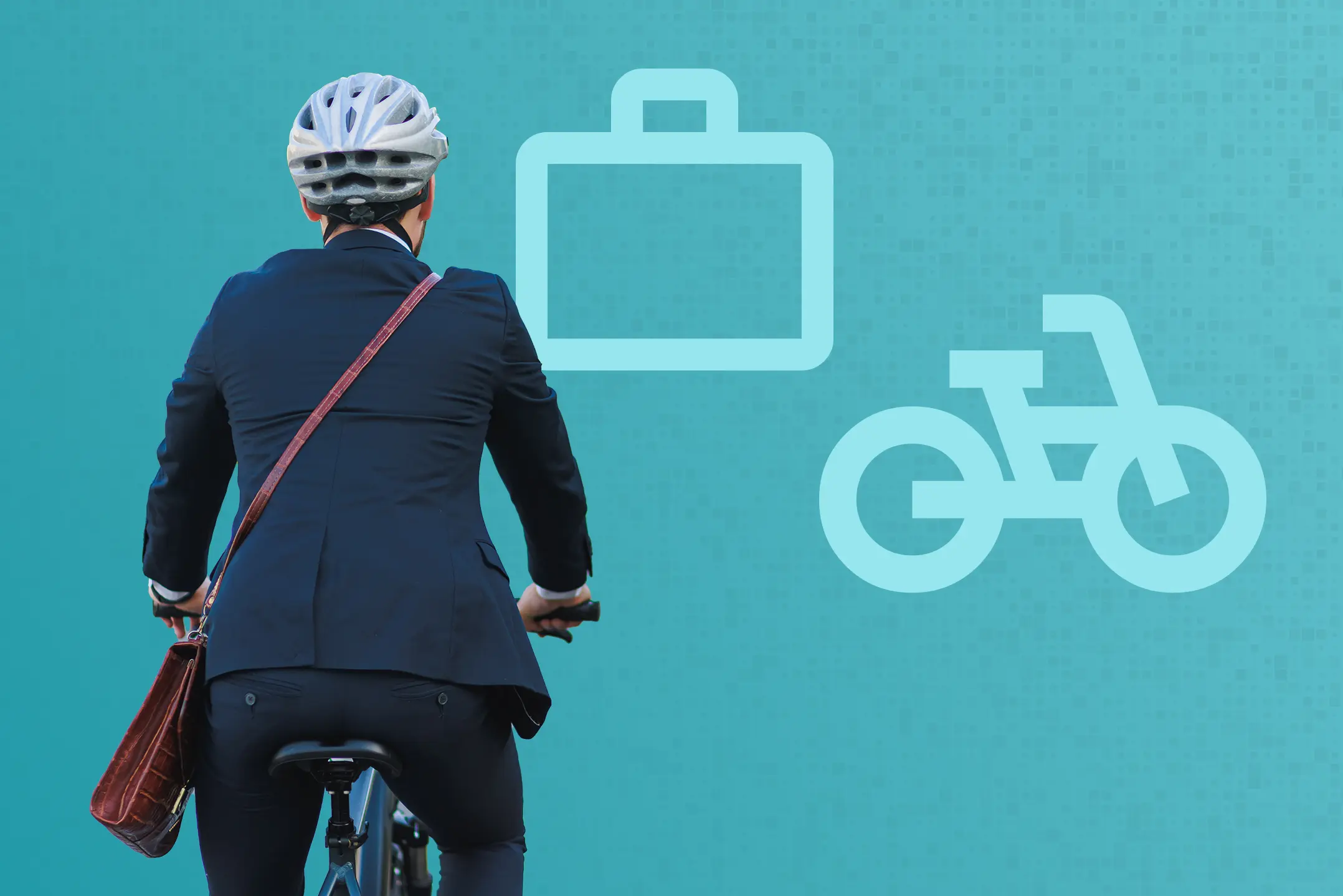 Eine Person mit Helm fährt auf einem Fahrrad auf einen blauen Hintergrund zu. Darauf sind Icons für ein Fahrrad und einen Aktenkoffer abgebildet.