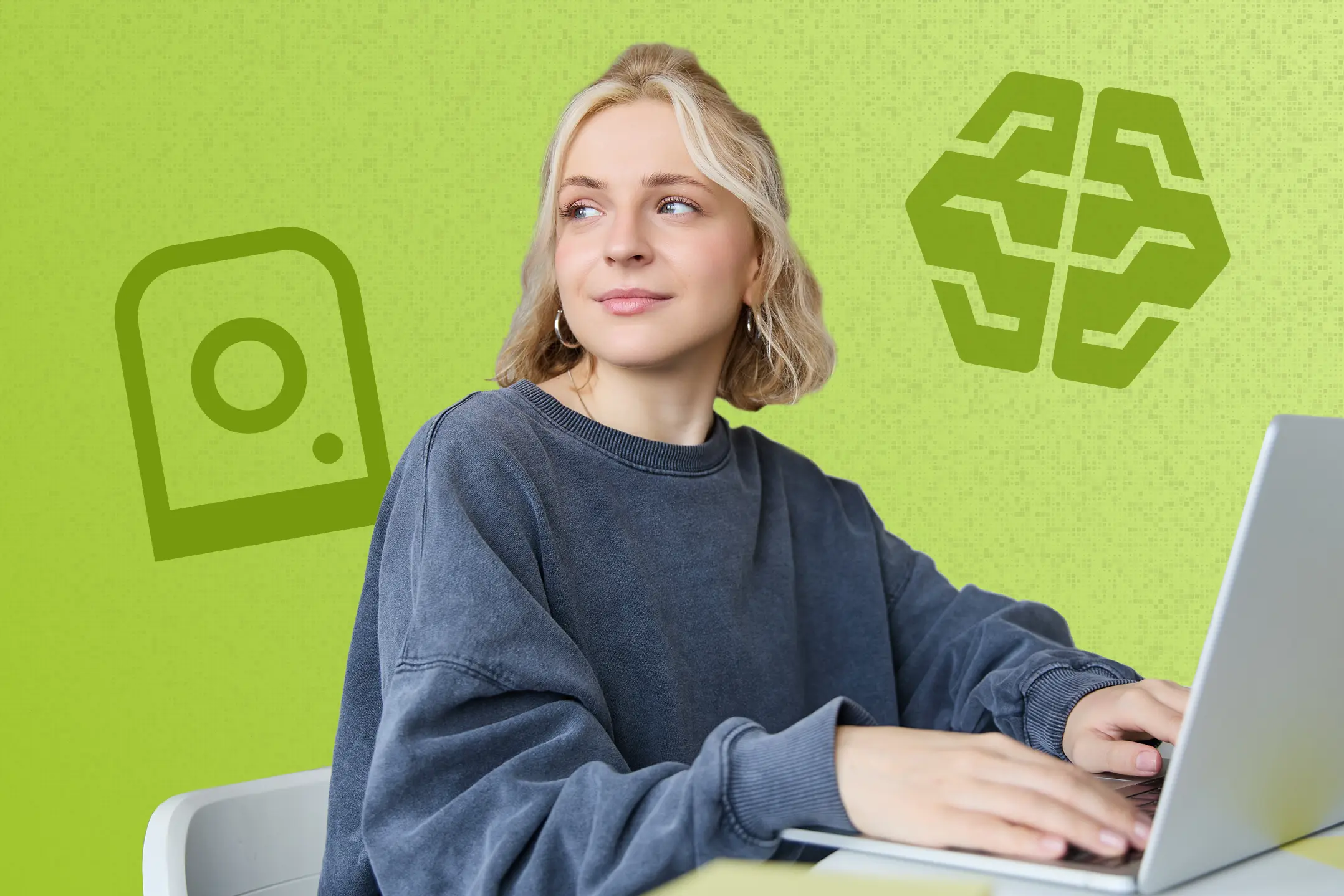 Eine junge Frau sitzt nachdenklich vor einem Laptop. IM HIntergrund zwei Symbole für Künstliche Intelligenz.