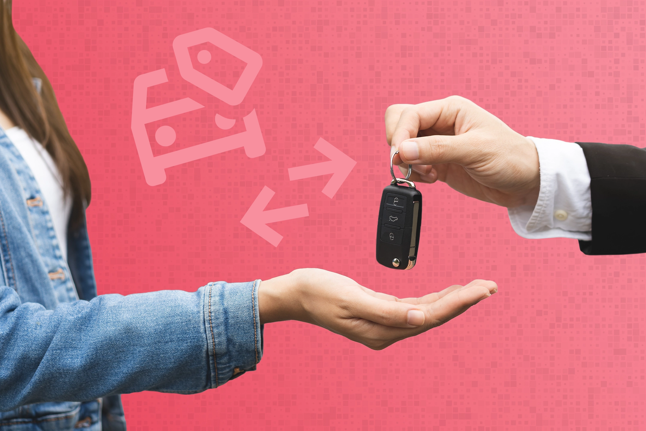 Übergabe eines Autoschlüssels – Symbol für Autoverkauf, Autokauf oder Fahrzeugübergabe.
