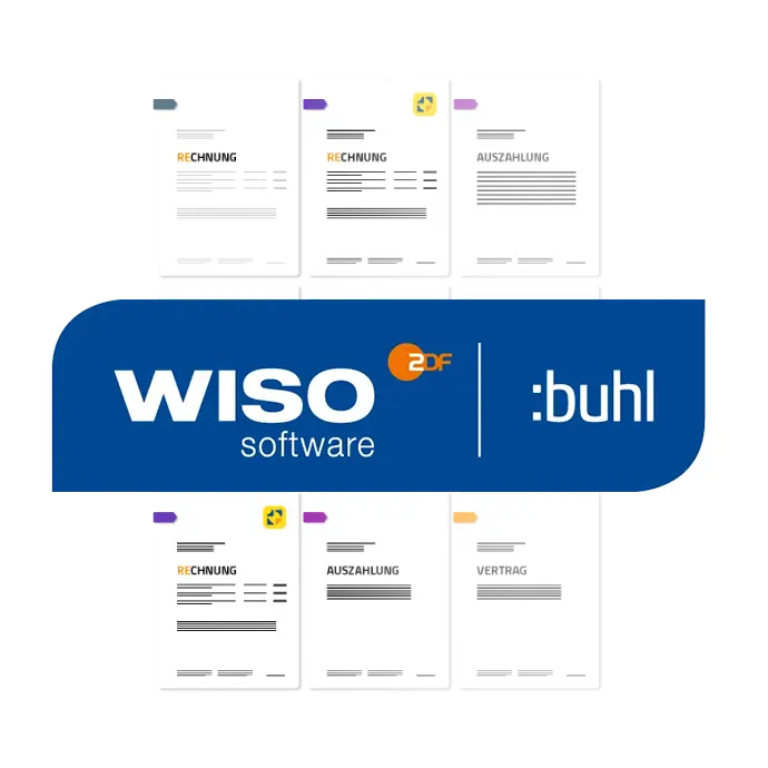Symbolische Darstellung von Rechnungen und Auszahlungen. Darüber das Logo von ZDF WISO und der Firma Buhl.