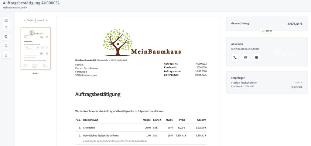 Beispiel einer Auftragsbestätigung in WISO MeinBüro