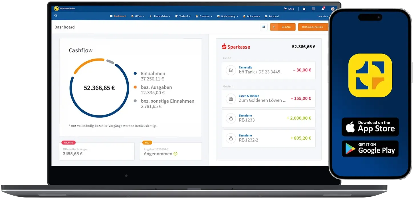 Laptop mit Benutzeroberfläche von WISO MeinBüro – zeigt Dashboard beim Start der Anwendung