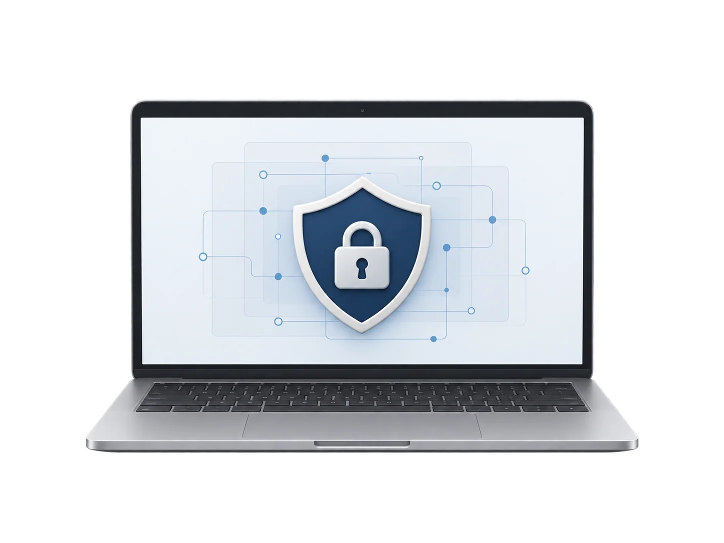Laptop mit Schutzschild und Schloss auf dem Display als Symbol für Datensicherheit