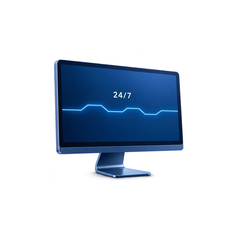 Blauer Monitor mit technischer Statuskurve und der Anzeige 24/7