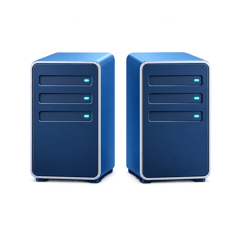 Zwei identische blaue Server als Symbol für ausfallsichere Systeme