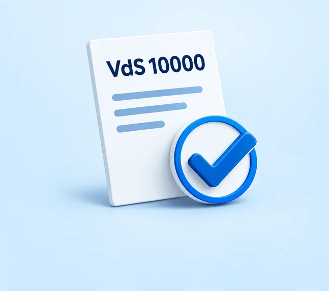 Stilisiertes Prüfdokument mit der Aufschrift VdS 10000 und blauem Häkchen