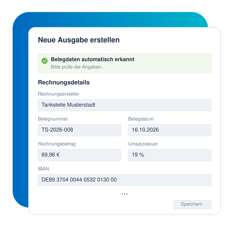 Automatisch erkannte Daten einer Tankquittung in WISO MeinBüro mit dem Hinweis, die Angaben zu prüfen.