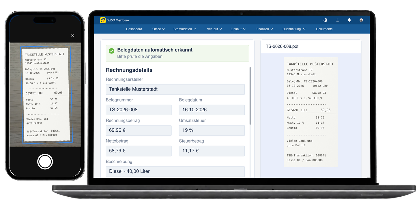 Links scannt ein Smartphone eine Tankquittung, rechts zeigt ein Laptop den Beleg und die automatisch erkannten Rechnungsdetails.