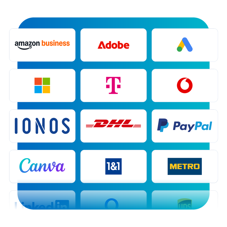 Logos von Amazon Business, Adobe, Google Ads und weiteren Online-Portalen in einem nach unten ausblendenden Raster.