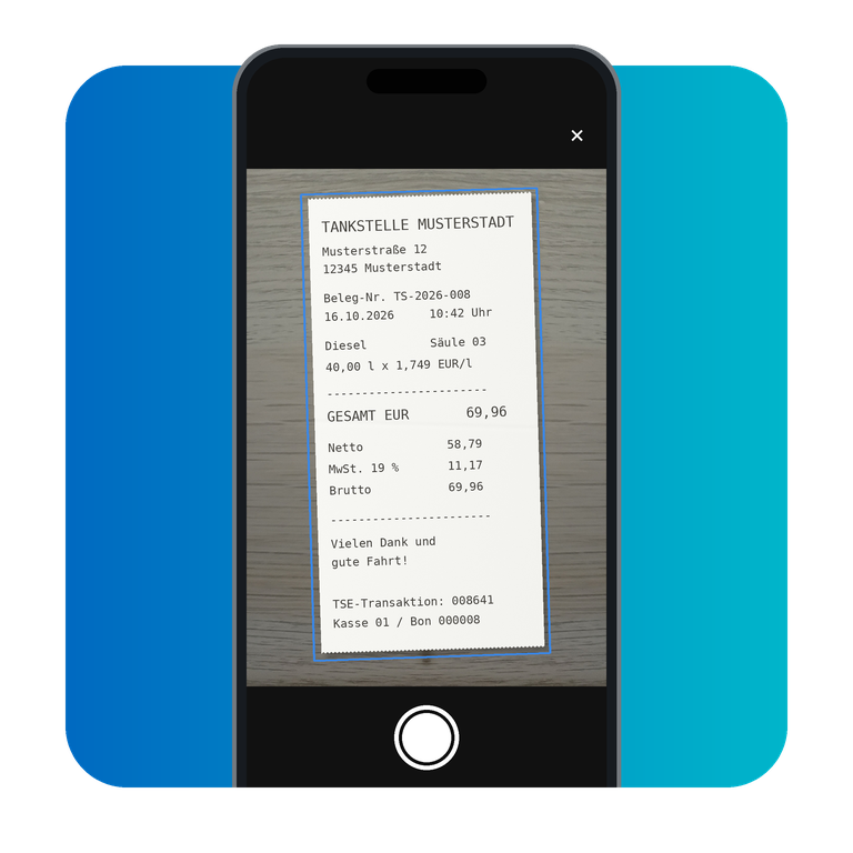 Smartphone scannt eine Tankquittung mit der mobilen App von WISO MeinBüro.