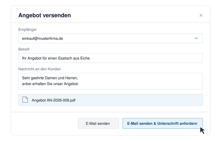 E-Mail-Versanddialog für ein Angebot mit PDF-Anhang und hervorgehobener Schaltfläche „E-Mail senden & Unterschrift anfordern“.