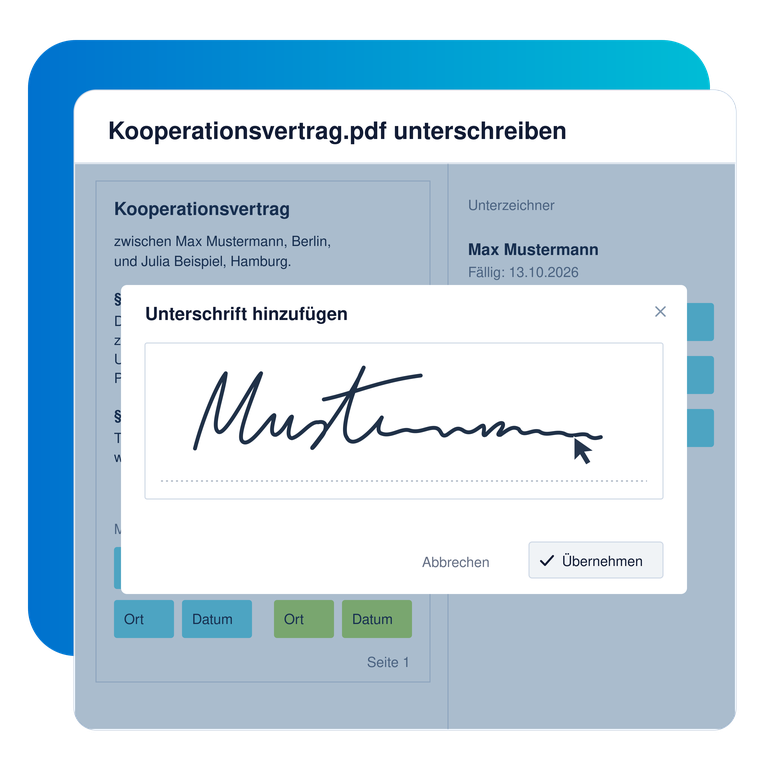 Dialog mit handschriftlicher Signatur, Mauszeiger und Schaltfläche „Übernehmen“ über einem Kooperationsvertrag.