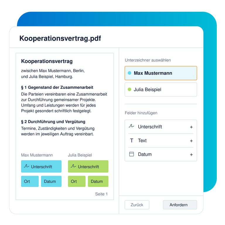 Kooperationsvertrag mit blauen und grünen Feldern für Unterschrift, Ort und Datum sowie einer Seitenleiste zur Feldauswahl.