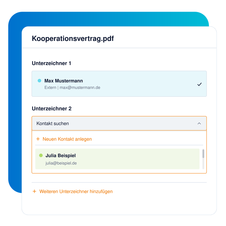Auswahl der Unterzeichnenden für einen Kooperationsvertrag mit Kontaktsuche und Option zum Anlegen neuer Kontakte.