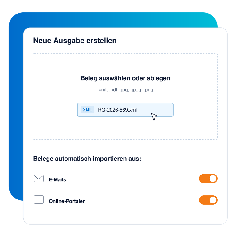 Upload-Bereich für eine Rechnungsdatei mit aktivierten Schaltern zum automatischen Import aus E-Mails und Online-Portalen.