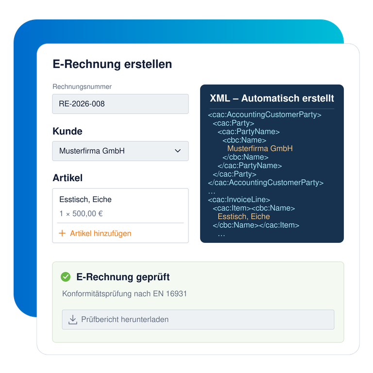 Rechnung mit Kunde und Artikel neben automatisch erstellten XML-Daten und erfolgreicher Konformitätsprüfung in WISO MeinBüro.