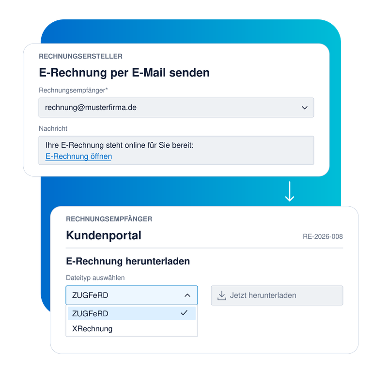 E-Mail-Versand einer E-Rechnung und Download-Auswahl für ZUGFeRD oder XRechnung im Kundenportal.