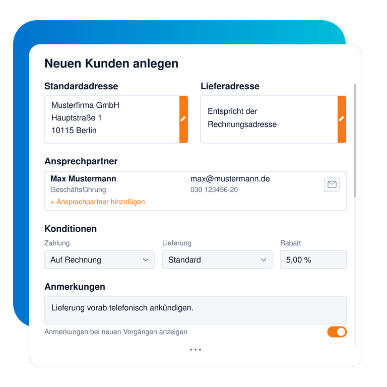 Formular zum Anlegen eines Kunden mit Adressen, Ansprechpartner, Konditionen und internen Anmerkungen in WISO MeinBüro.
