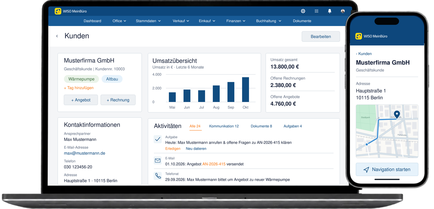 Kundenansicht in WISO MeinBüro mit Kontaktdaten, Umsatzübersicht und Aktivitäten sowie Smartphone mit Navigation zur Kundenadresse.