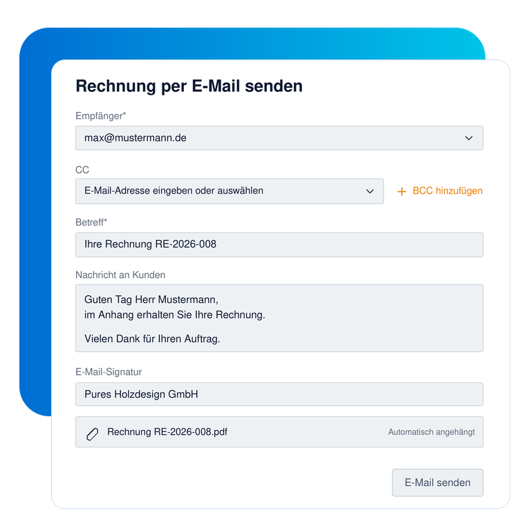 E-Mail-Formular mit Empfänger, CC und BCC, Betreff, Nachricht, Signatur und automatisch angehängter Rechnung.