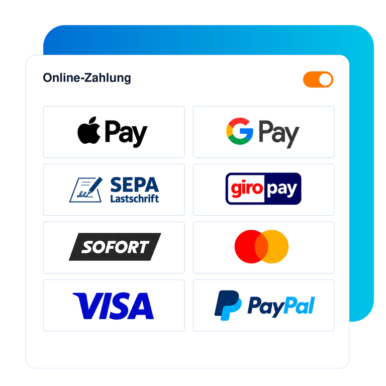Übersicht mit Logos von Apple Pay, Google Pay, SEPA-Lastschrift, giropay, Sofort, Mastercard, Visa und PayPal.
