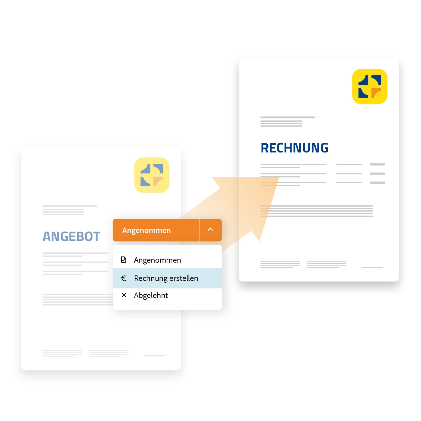 Grafik mit Angebot und Rechnung: In WISO MeinBüro Rechnungen wird ein Angebot mit einem Klick zur Rechnung