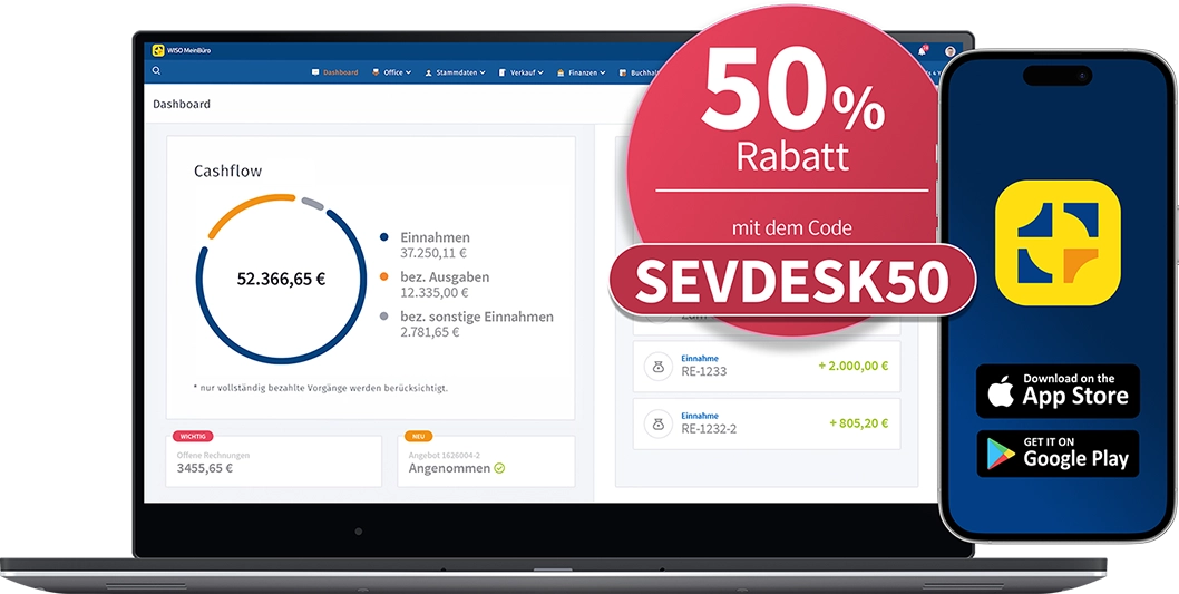 Laptop, in dem WISO MeinBüro geöffnet ist; darüber ein roter Kreis mit Code für 50 % Rabatt