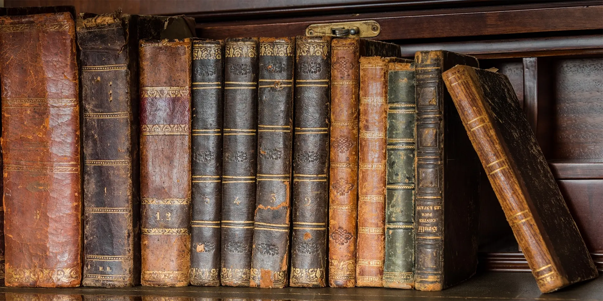 Antike Bücher in einem dunklen Holzregal