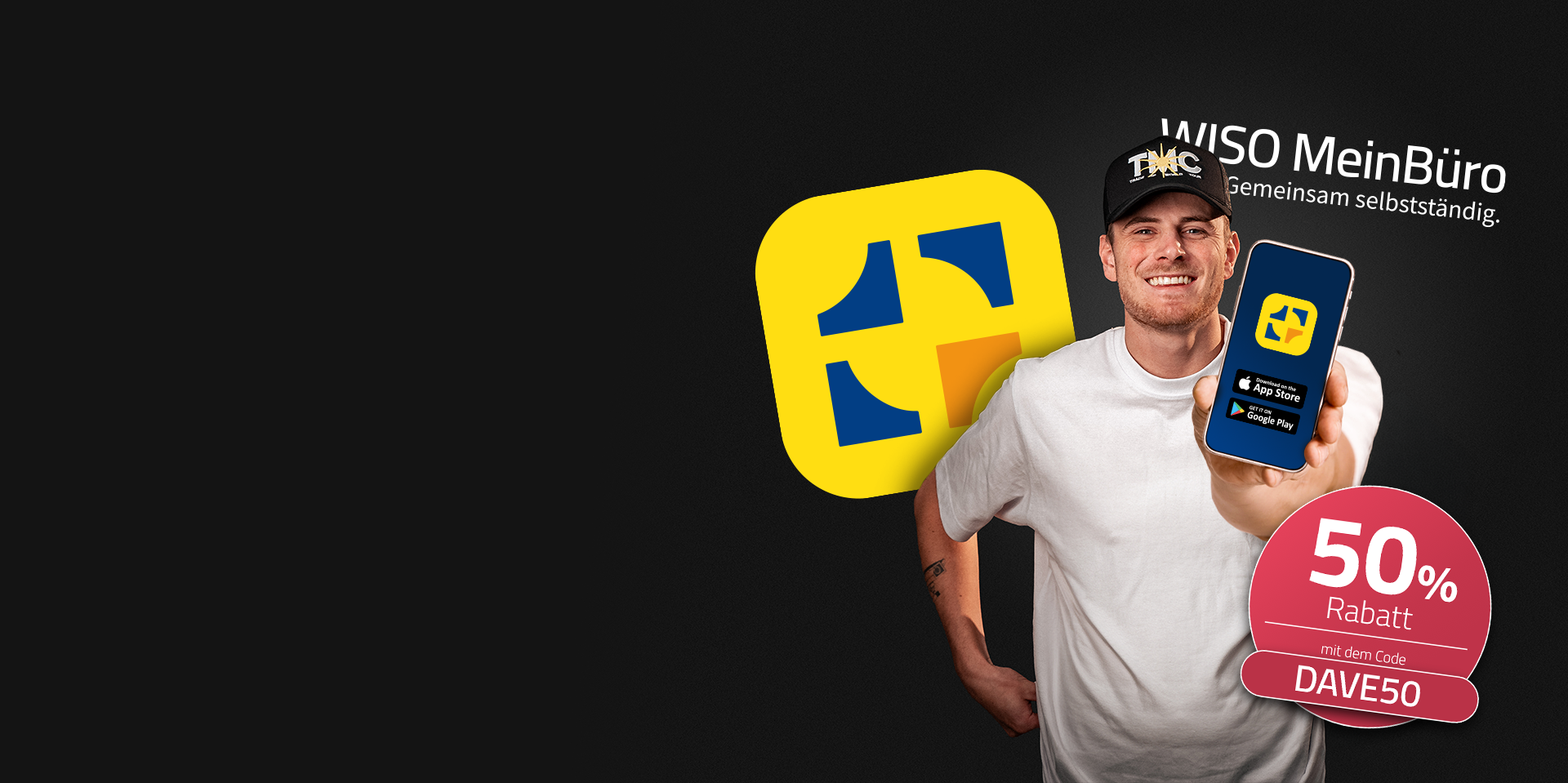 DAVE mit Smartphone, auf dem WISO MeinBüro zu sehen ist; daneben eine rote Badge und der Aufschrift "50% Rabatt mit dem Code DAVE50"
