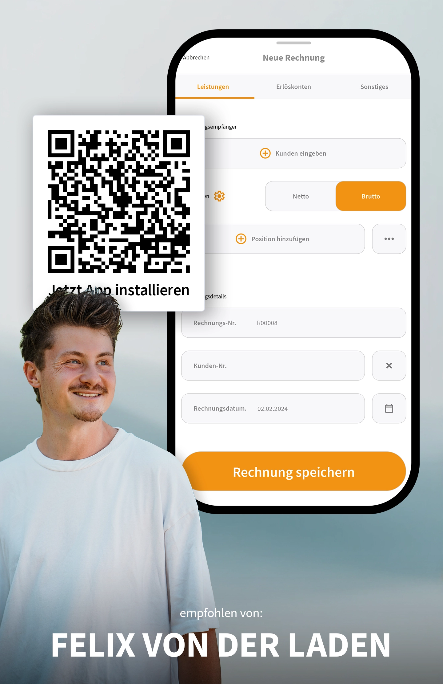 Felix von der Laden mit Smartphone und QR-Code – steht für die mobile Nutzung von WISO MeinBüro