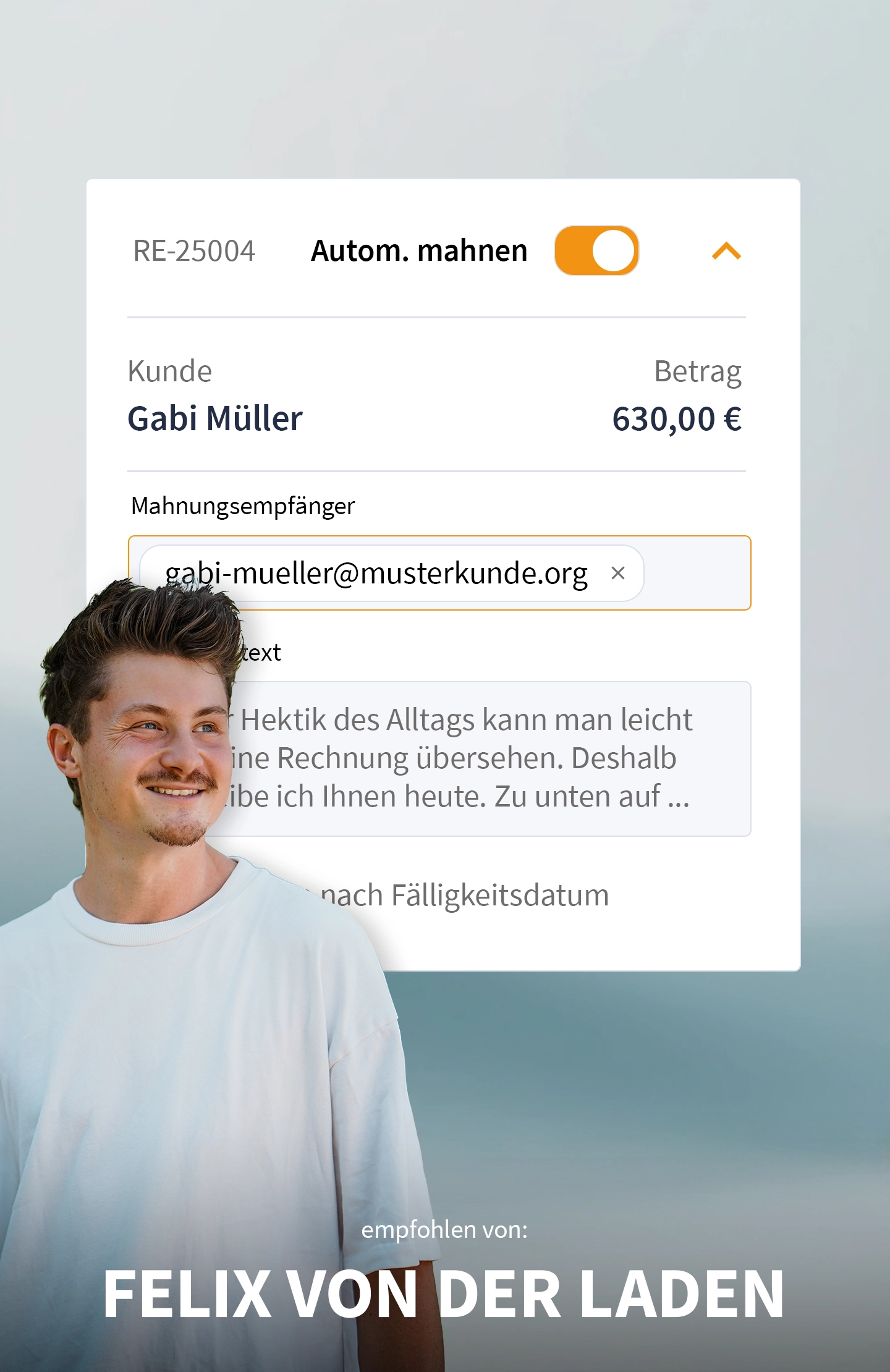Felix von der Laden vor digitaler Mahnung – Symbolbild für automatisierte Zahlungserinnerungen und Mahnungen mit WISO MeinBüro
