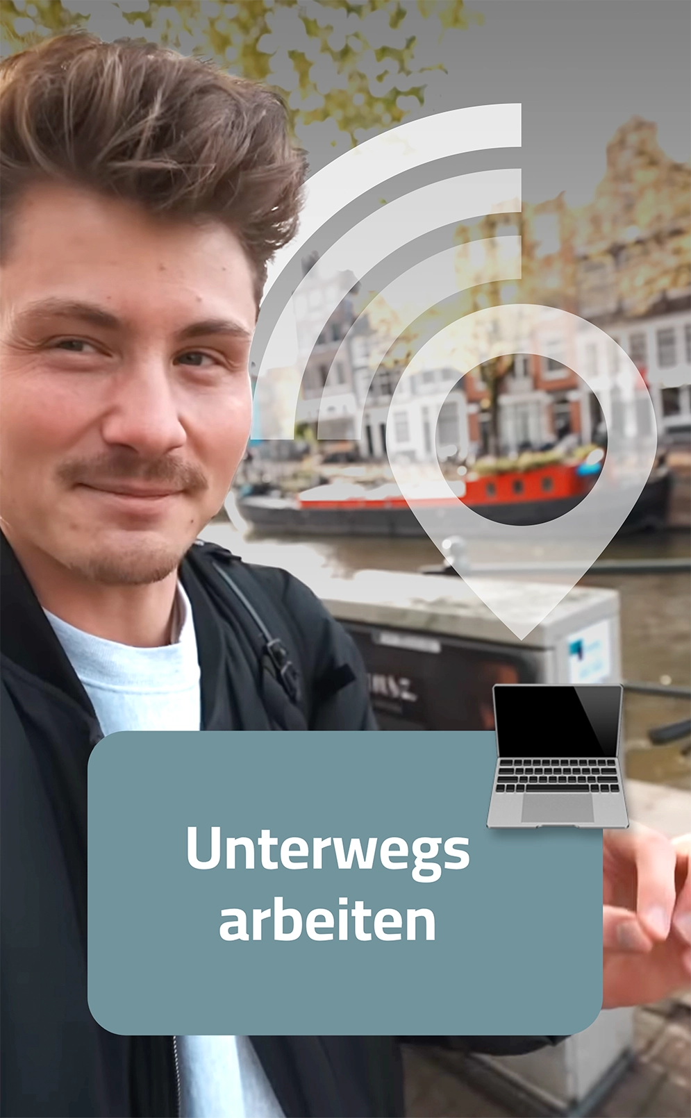 Felix von der Laden mit WLAN-Symbol im Hintergrund – Symbolbild für das mobile Arbeiten mit einer Online-Lösung