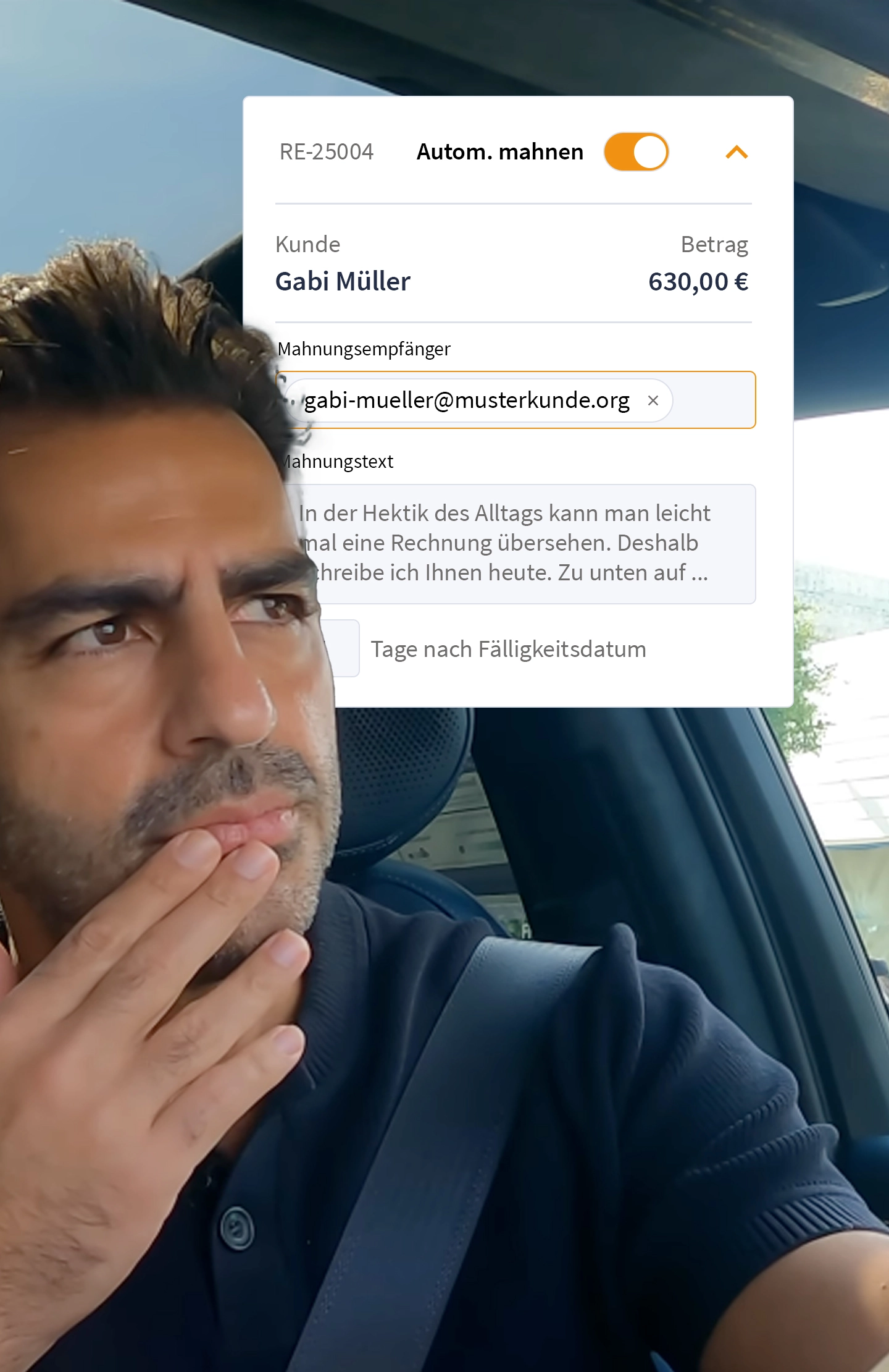 Hamid Tailormade vor digitaler Mahnung – Symbolbild für automatisierte Zahlungserinnerungen und Mahnungen mit WISO MeinBüro