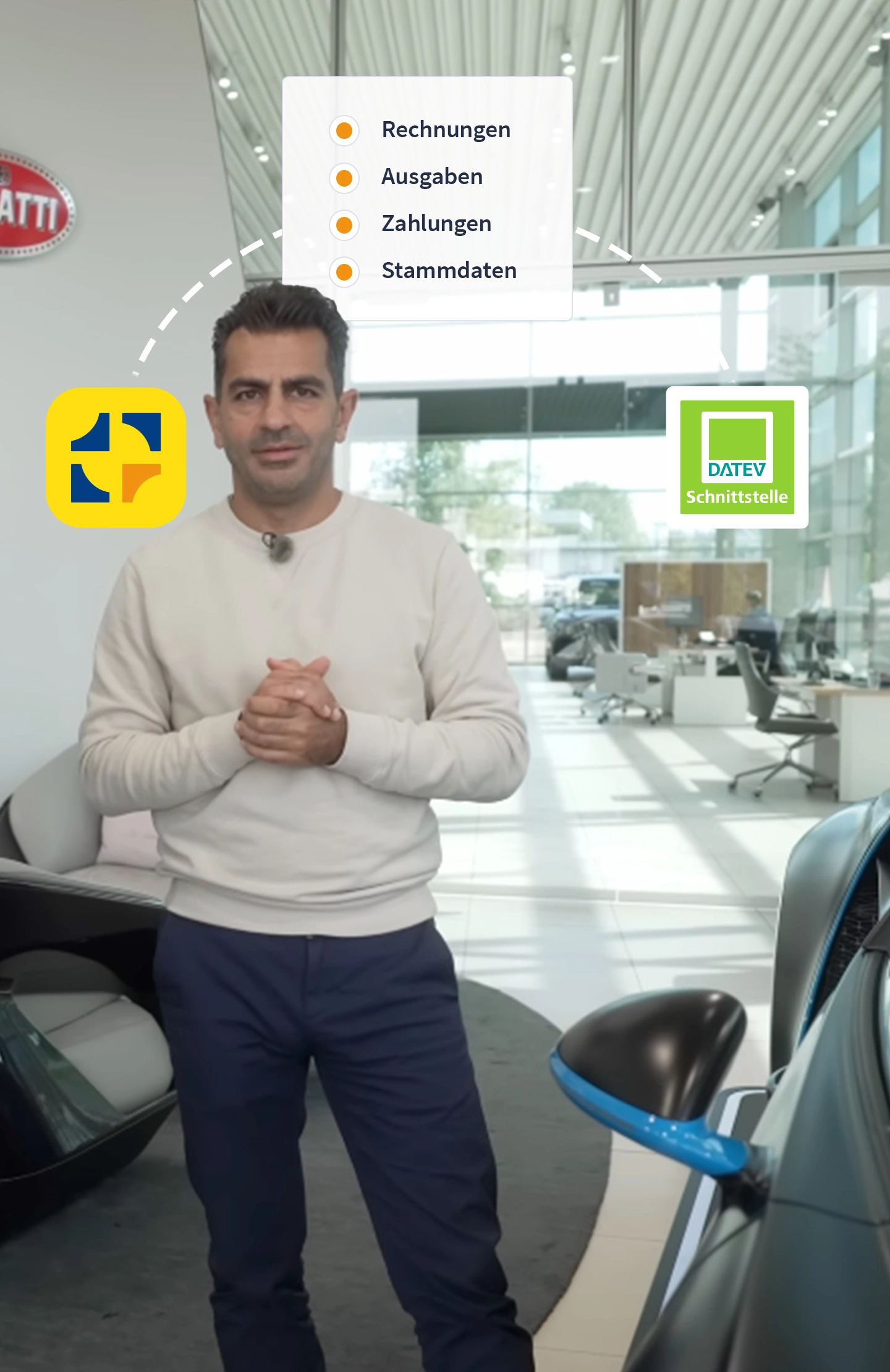 Hamid Tailormade mit DATEV-Symbol und Rechnungsdokument – steht für die Zusammenarbeit mit dem Steuerberater