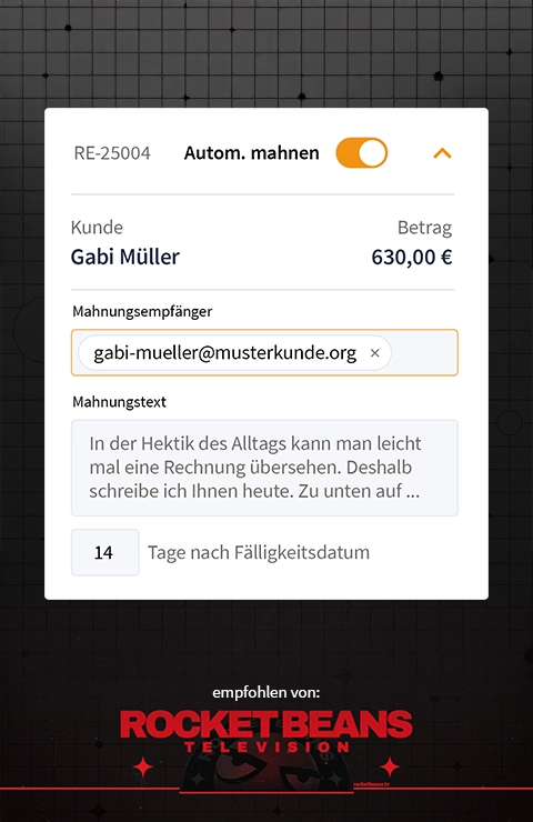 Digitale Mahnung auf schwarzem Hintergrund, unten das rote Rocket Beans Logo
