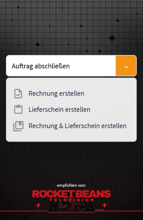 Button zum Abschließen von Aufträgen auf schwarzem Hintergrund, unten das rote Rocket Beans Logo