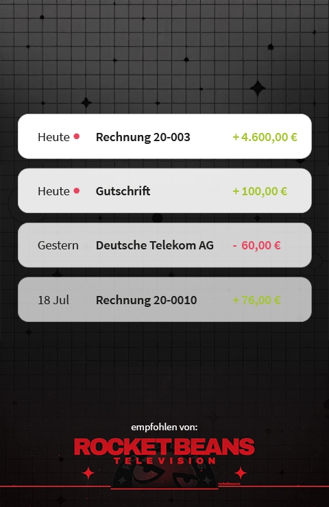 Digitale Zahlungsübersicht auf schwarzem Hintergrund, unten das rote Rocket Beans Logo