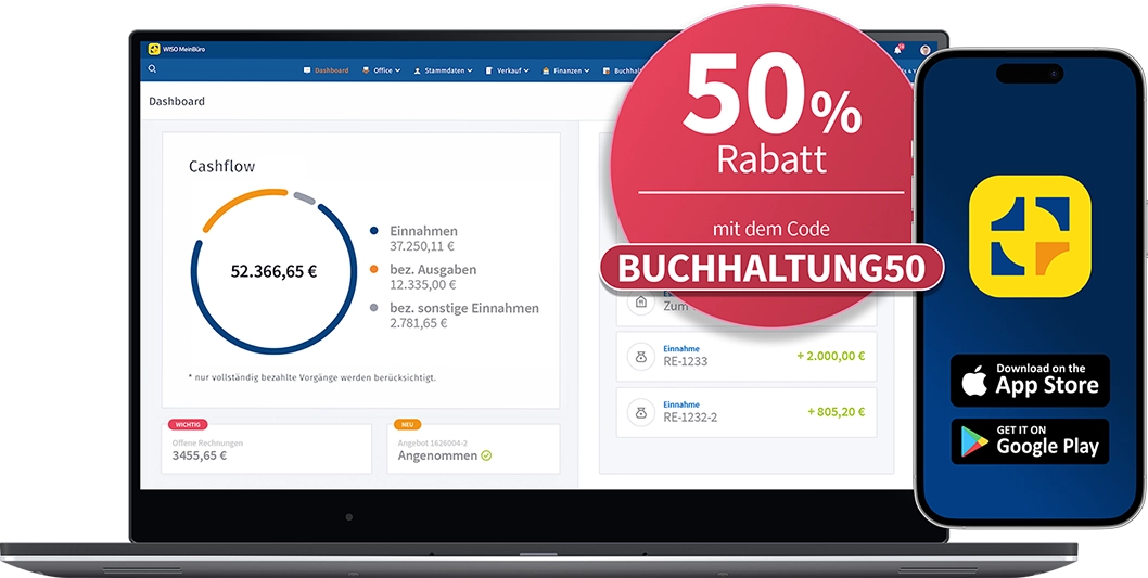 Laptop, in dem WISO MeinBüro geöffnet ist; darüber ein roter Kreis mit Code für 50 % Rabatt