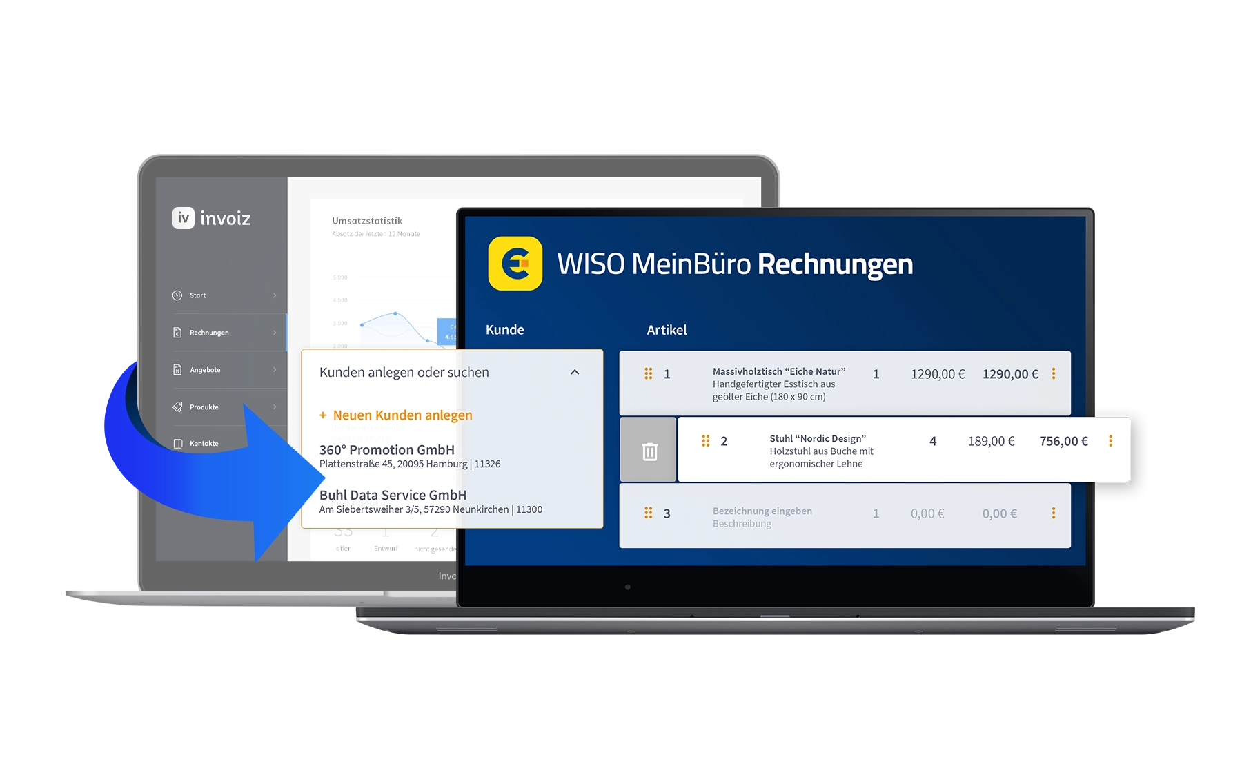 Zwei Laptops, die invoiz und WISO MeinBüro Rechnungen zeigen