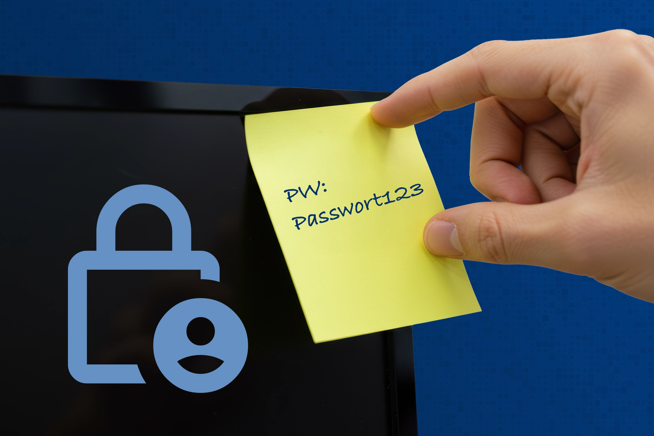 Gelber Notizzettel mit dem Wort "Passwort123" auf einem Computermonitor, daneben Schloss-Symbol