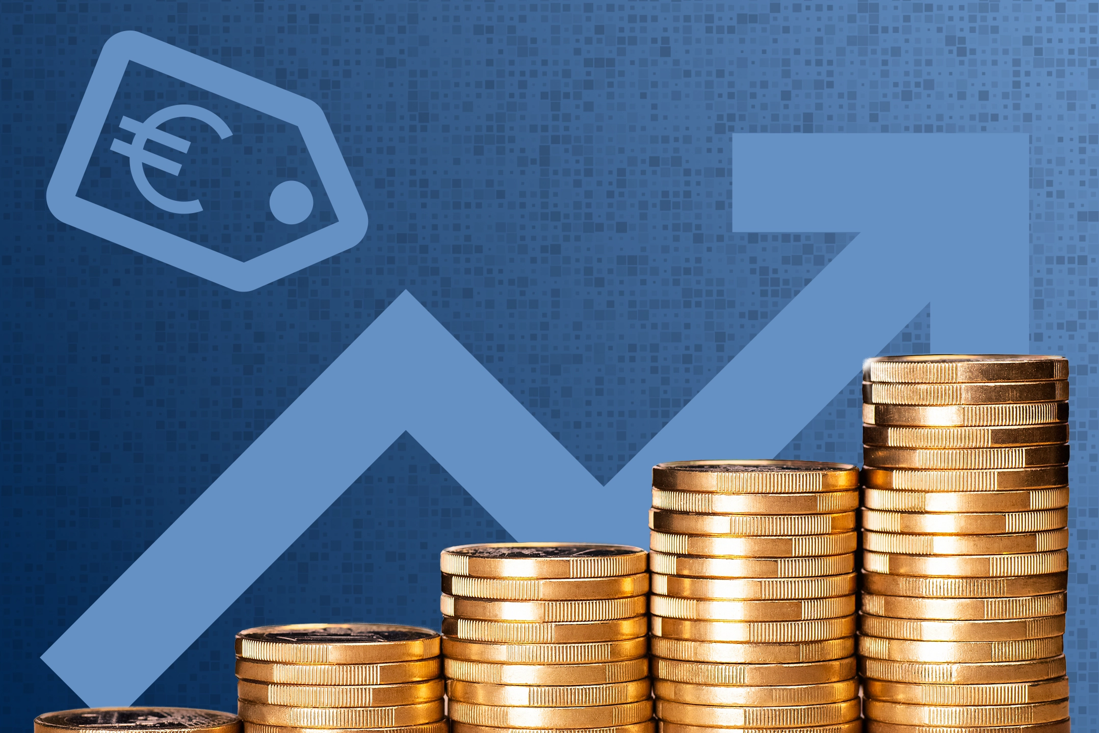 Mehrere Münzstapel vor blauem Hintergrund mit aufsteigendem Pfeil und Preisschild-Symbol mit Eurozeichen
