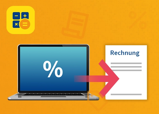 Laptop mit Prozentzeichen und Pfeil auf eine Rechnung; oben links das WISO MeinBüro Desktop Logo